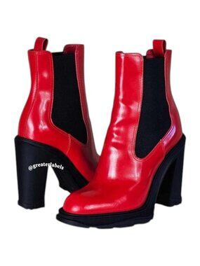 Alexander McQueen Red Leather Tread Heel Chelsea Boots Size 36.5